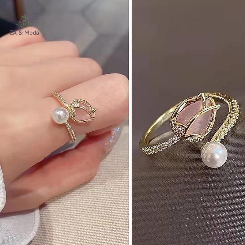 EA & Moda Tulipa Flor Imitação De Pérola Anéis Para Mulheres Elegante Luz Luxo Zircão Anel De Abertura Ajustável Jóias D