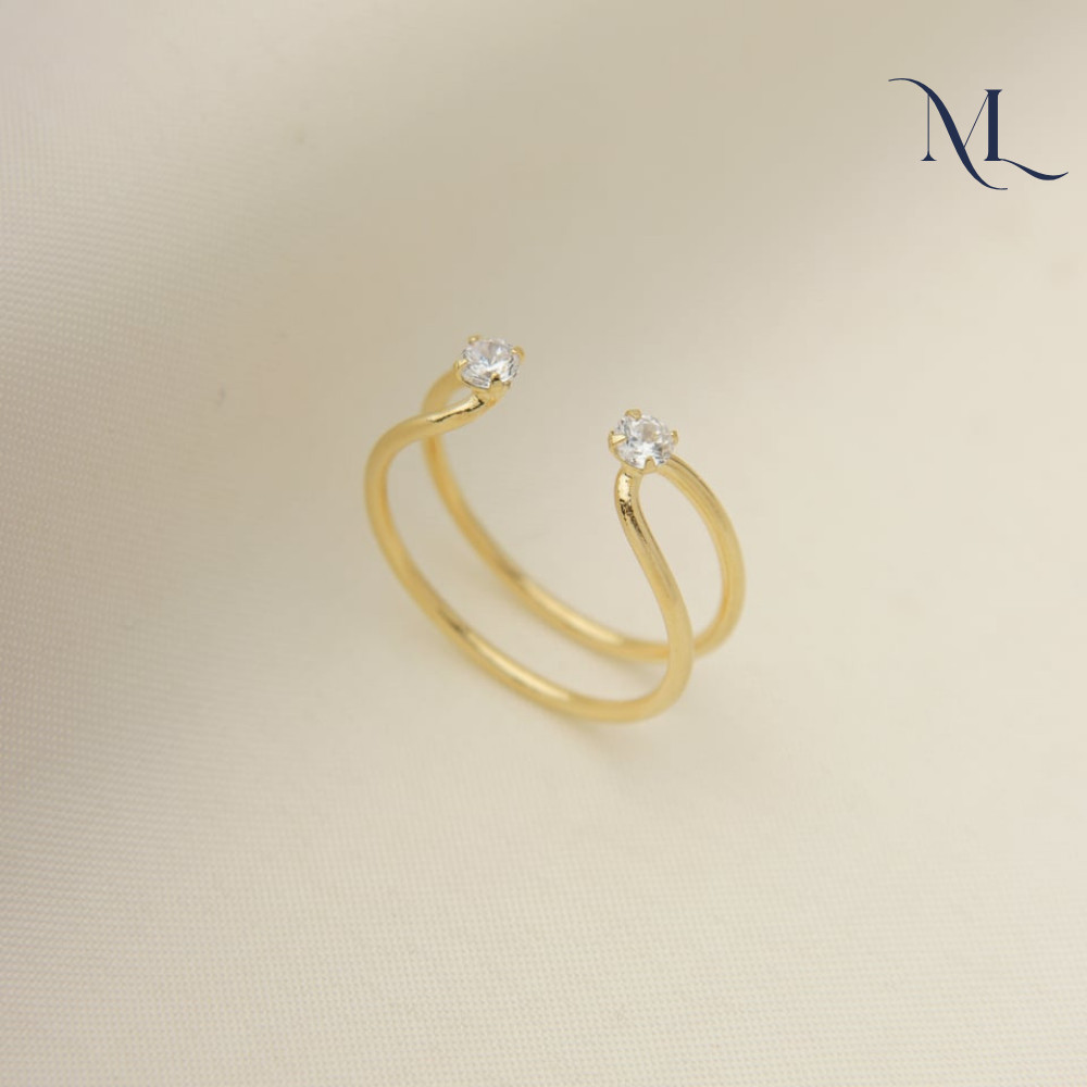 Anel Regulável Feminino Dourado com Zircônia Dupla Exclusiva Elegante com Garantia Banho De Ouro 18k