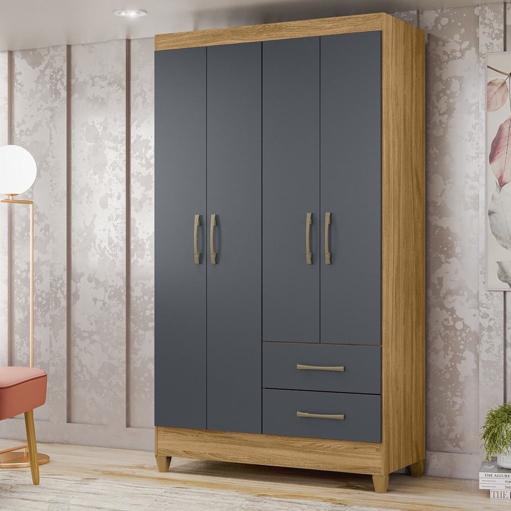 Guarda-Roupa Solteiro 4 Portas 2 Gavetas e Pés Chile Freijó/Cinza em Oferta na Shopee