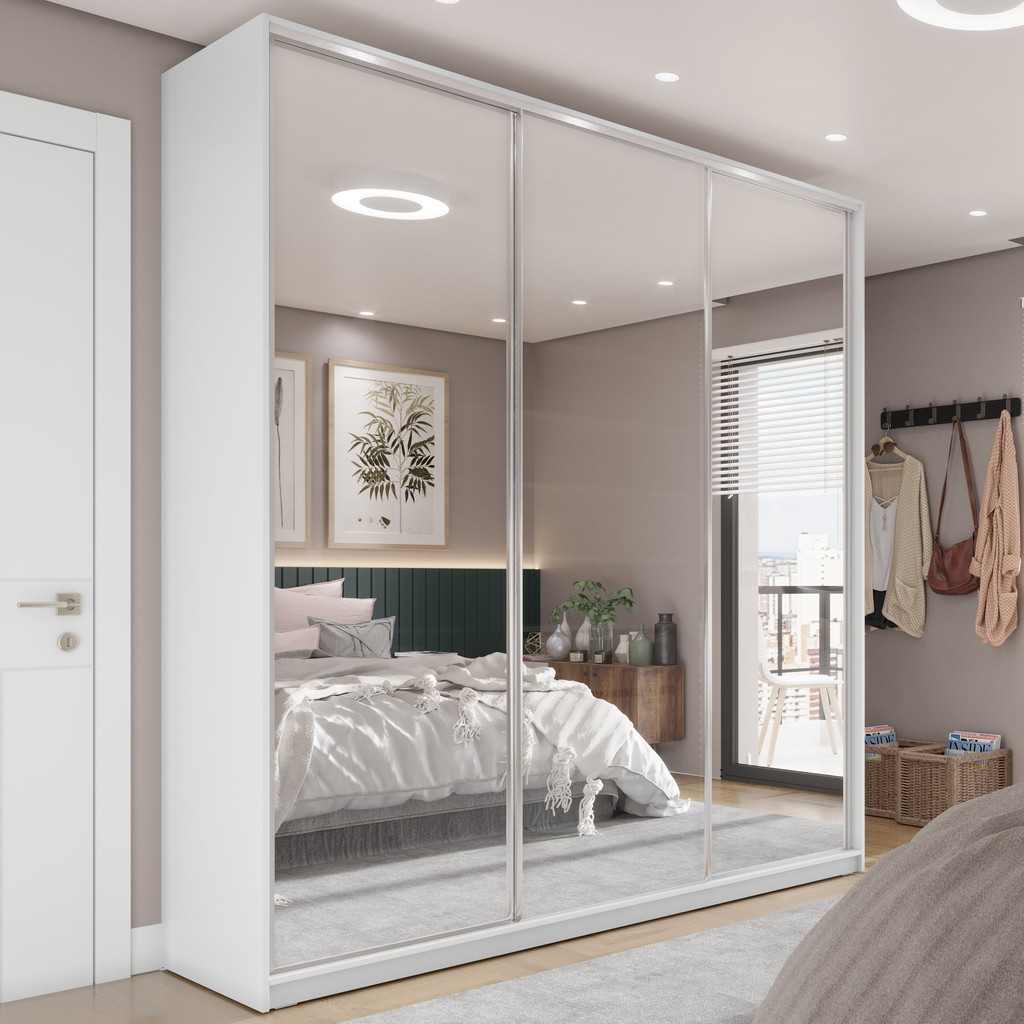 Guarda Roupa Casal 100% MDF BP com 3 Portas Espelho Zermatt Branco em Oferta na Shopee