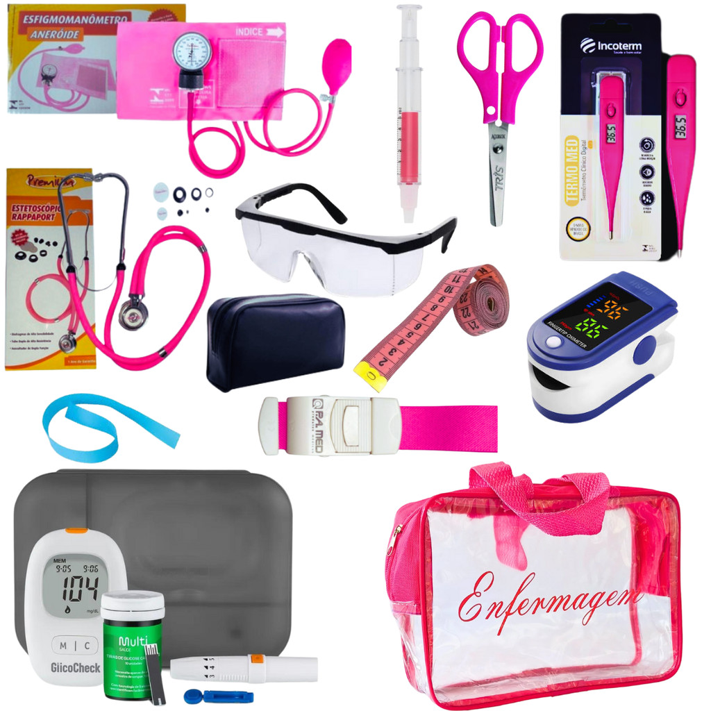 Kit Enfermagem Aparelho de Pressão + Estetoscópio Completo + Oximetro + Glicossimetro + Nécessaire