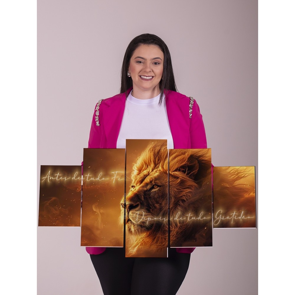 Quadro Decorativo Leão 5 Peças Sala Quarto Escritório Moderno Grande Painel Fé Gratidão Luxo