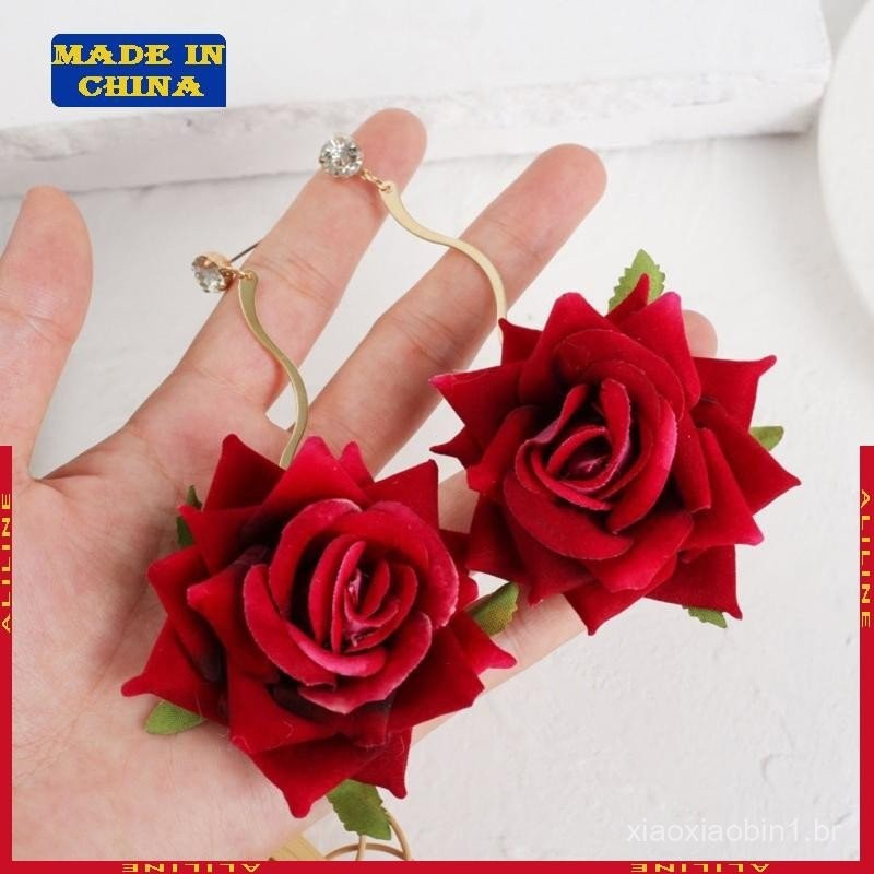 Romântico Delicado Rosa Vermelha Dangle Brincos Floral Blooming Para Menina