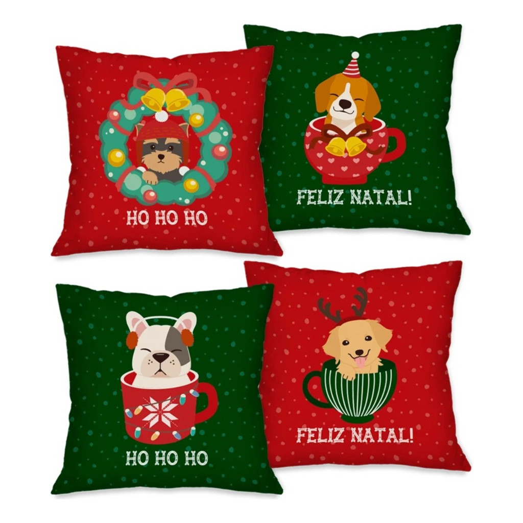 Almofadas Capas Kit 4 Natalinas Pets Cachorrinho Decorativas Para Sala Sofá Tema Natalino