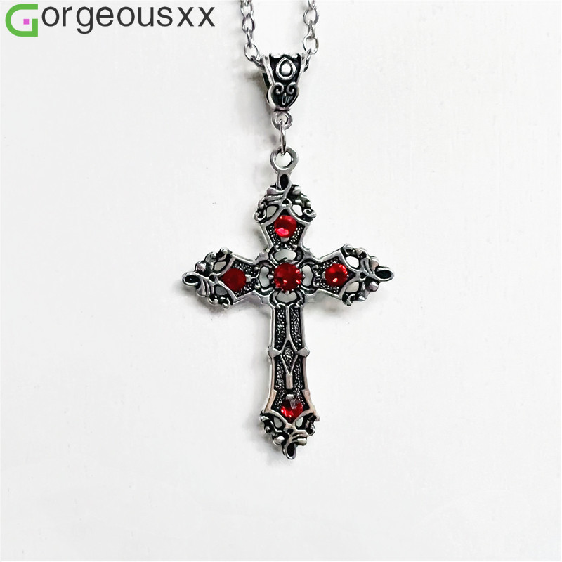 [Gorgeousxx] Colar Gótico Punk Com Pingente De Cruz De Gema Vermelha Para Mulheres , Colares De Tendência Retrô , Joias