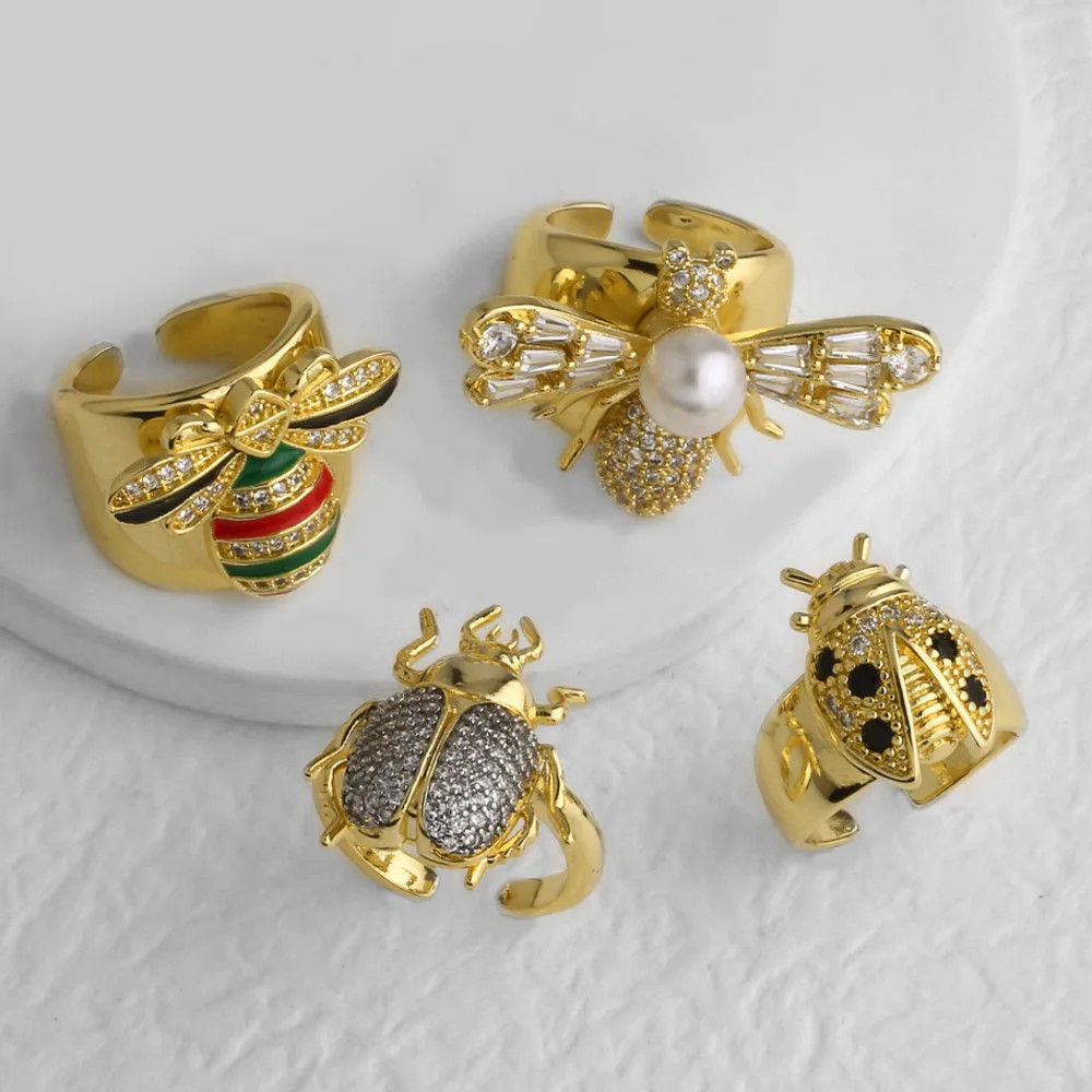Anel de abelha com cristal CZ, joia feminina em cobre banhado a ouro com design de joaninha, presente rigr15 W1EX