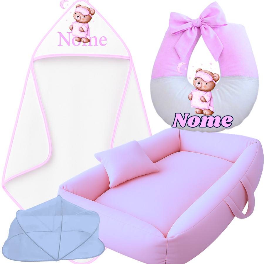 Kit Maternidade Premium 4 Peças: Ninho + Mosquiteiro + Toalha e Almofada Personalizadas