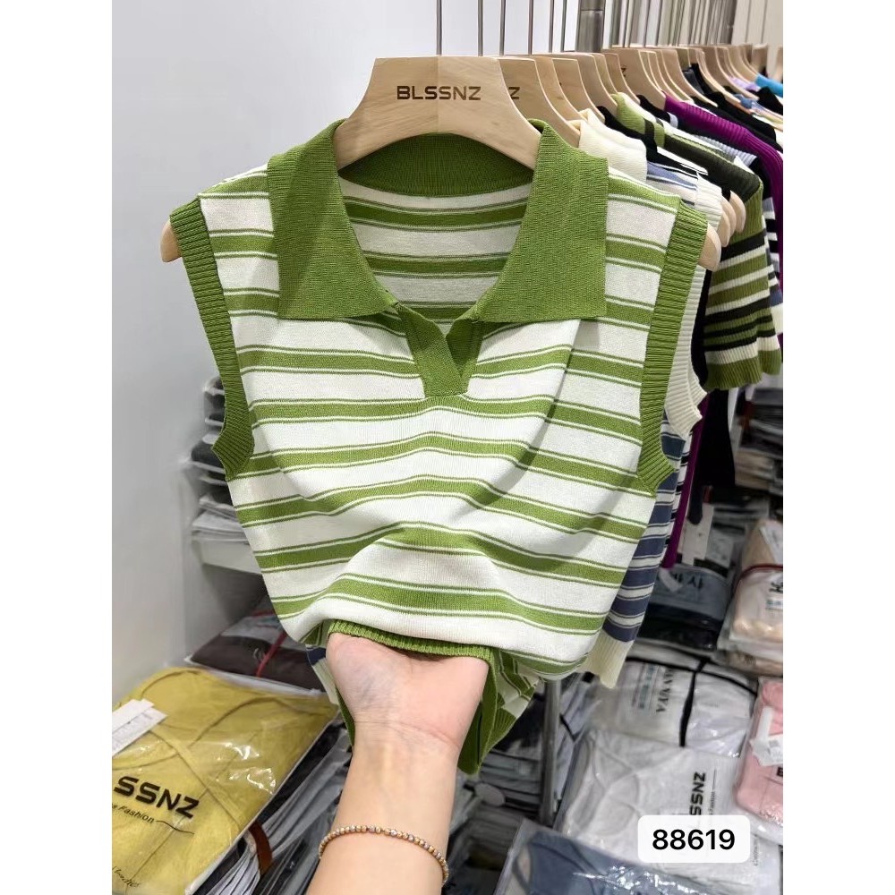 Polo polo colarinho colete de malha camisola listrada de malha feminina verão americano Retro roupa interior exterior do