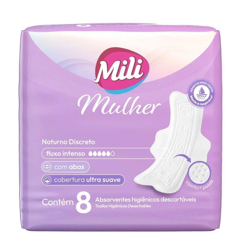 Absorvente Mili Mulher Noturno Discreto Com Abas - Embalagem com 8 Unidades