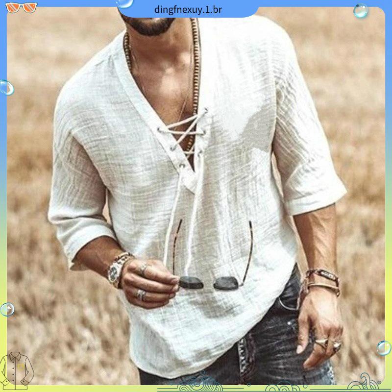 [deryu] Summer Men Shirt Lace-up V Neck Mid Sleeves Loose Pure Color Pullover Retro Daily Wear Quick Dry Thin Casual Le