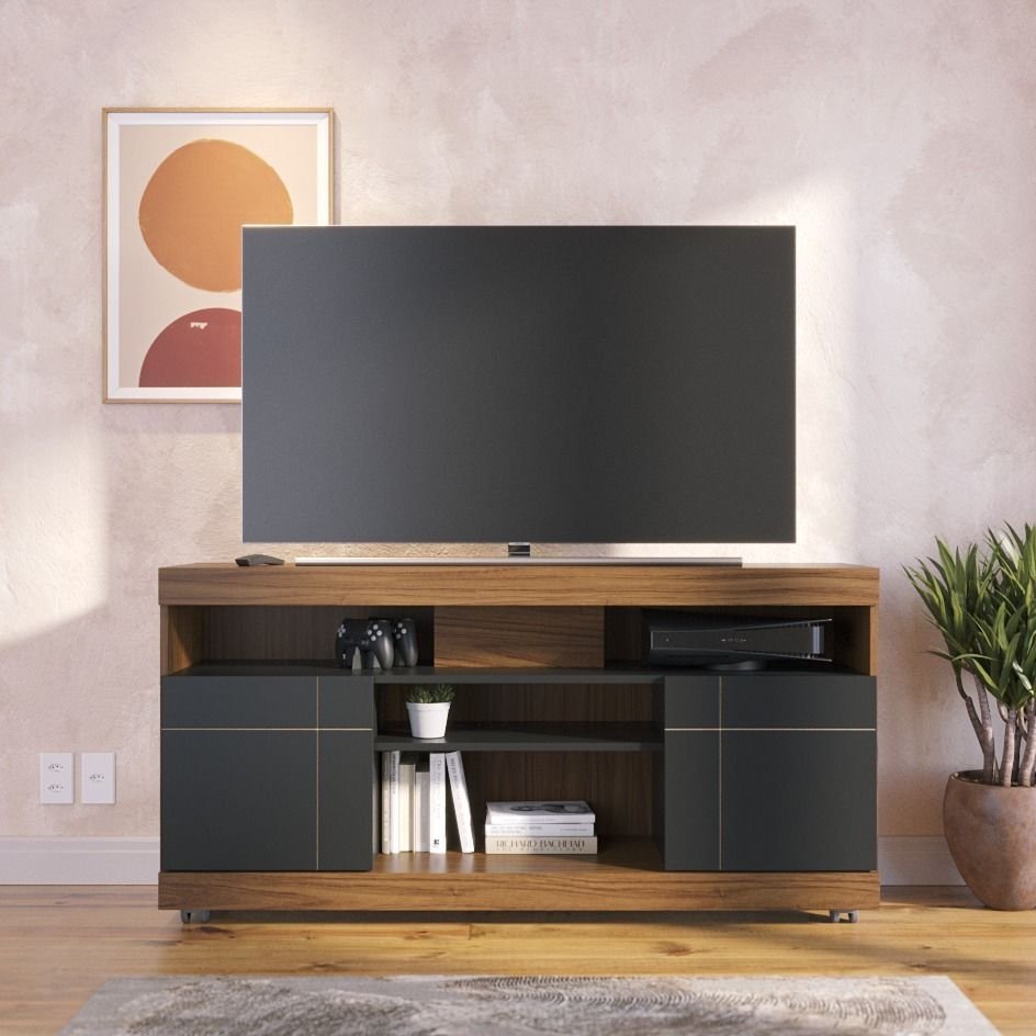 Rack para TV até 50 Polegadas 136cm 2 Portas 4 Nichos Yara Marrom Noce Milano/Preto Fosco Noce Milano/Preto Fosco