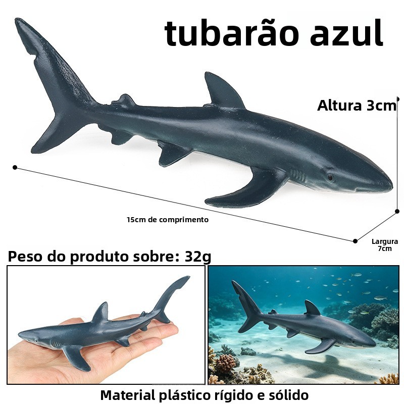 Modelos de brinquedos de tubarão simulados incluem tubarão azul, tubarão-mullet cinza, tubarão comedor de pessoas, tubar