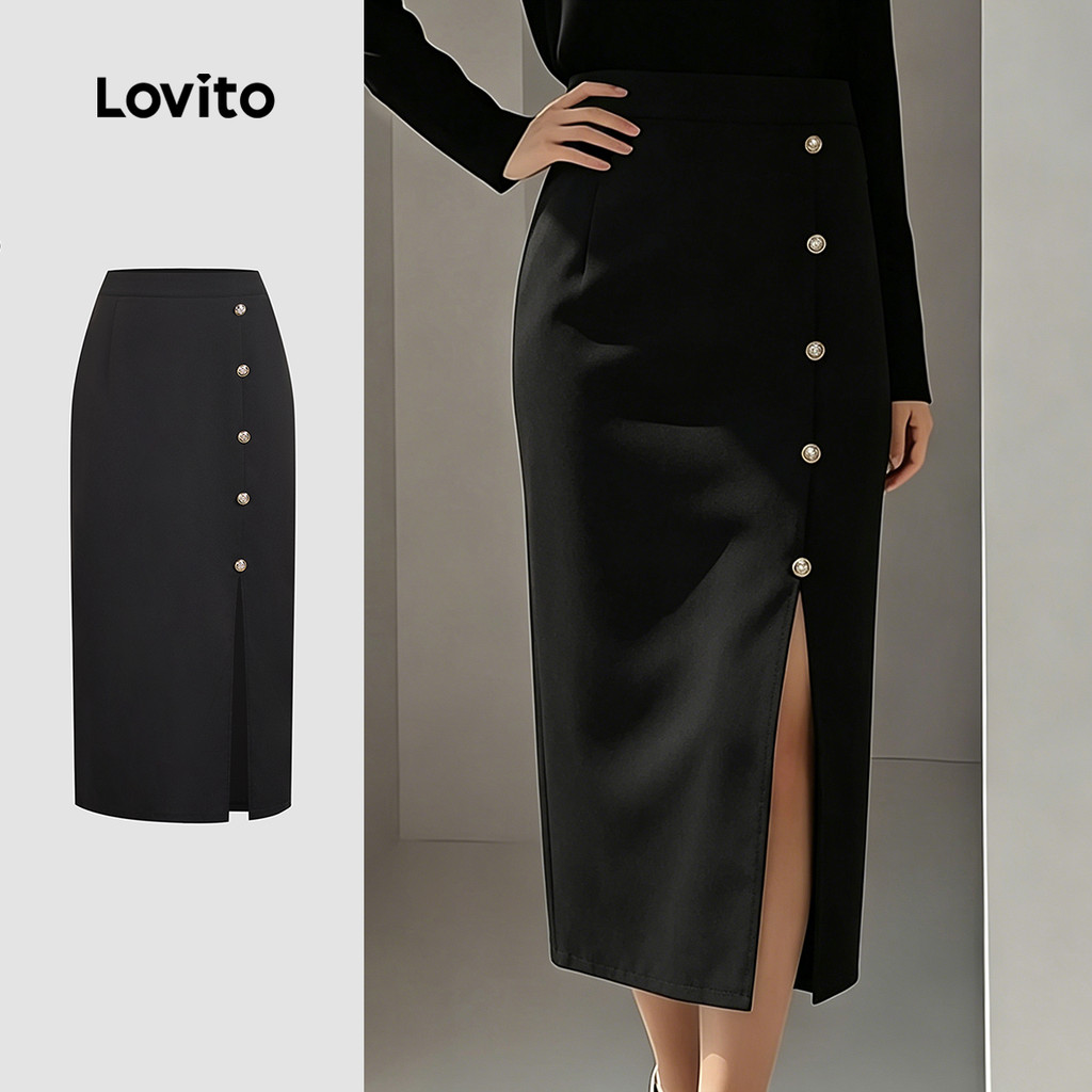 Lovito Saias Elegantes para Trabalho com Fenda e Botão Pretas Primavera/verão para mulheres LK6LD398