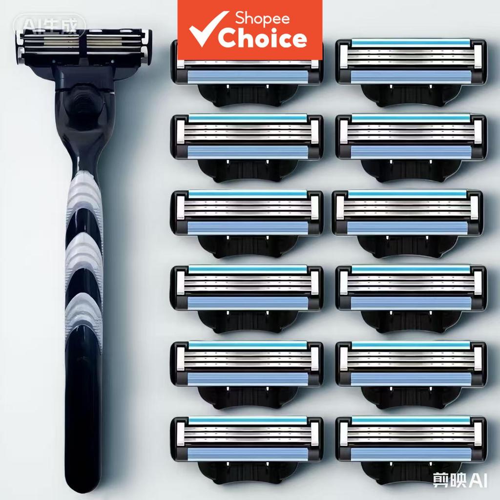 Barbeador manual masculino com 16 lâminas e cabo – aparelho de barbear de 3 camadas para cuidados faciais fáceis e