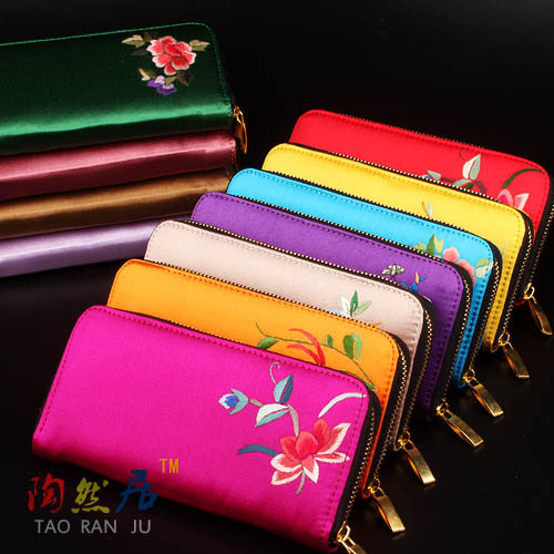 Frete grátis carteira feminina antiga estilo longo zíper chinês retrô clássico estilo chinês carteira bordada à mão de s
