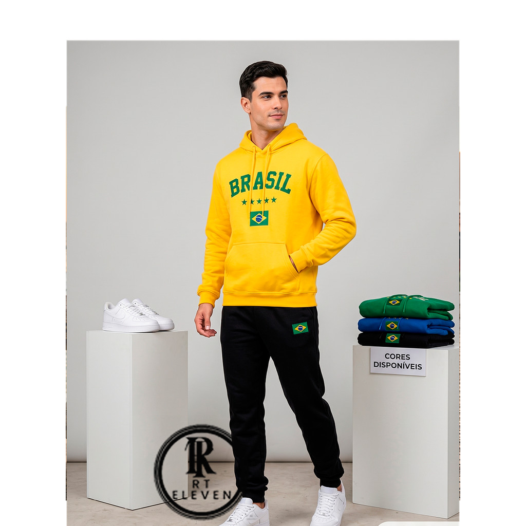 Conjunto moletom flanelado unissex masculino feminino estiloso Brasil copa Blusa de frio canguru bolso e capuz