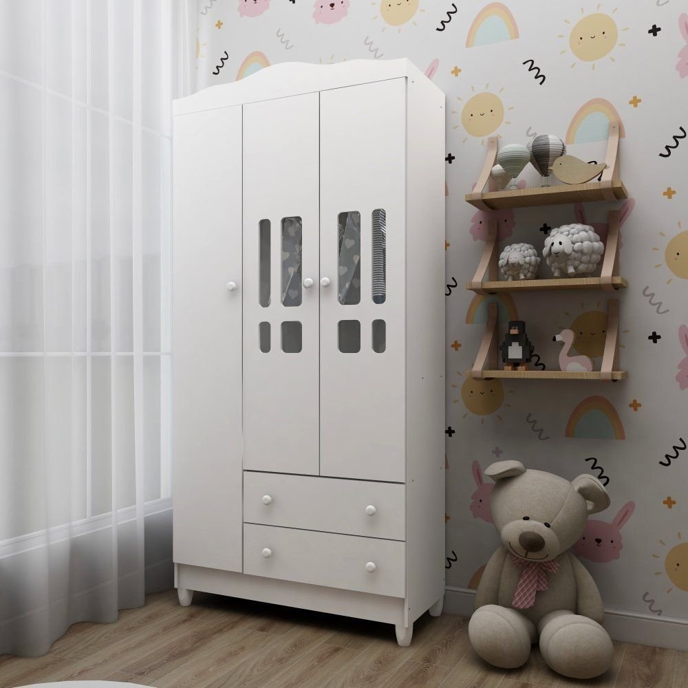 Guarda-Roupa Infantil 3 Portas 2 Gavetas MDF Ariel Branco Branco