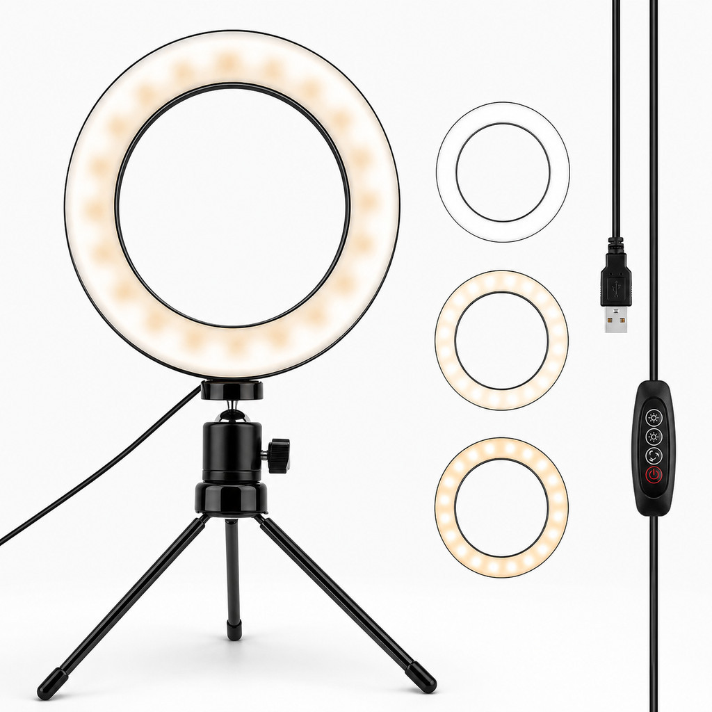 Ring Light LED USB com Tripé Ajustável 3 Temperaturas de Cor para Maquiagem e Streaming