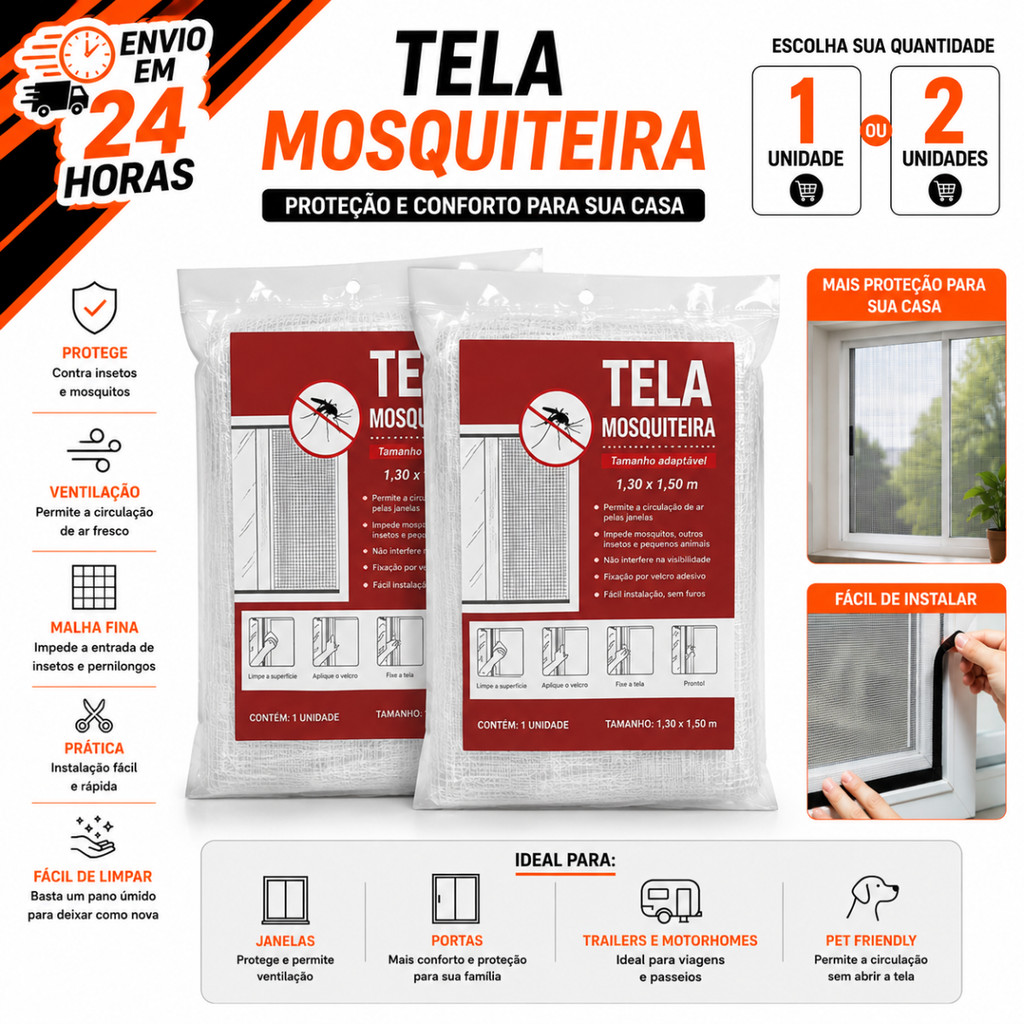 Tela Mosquiteiro Mosquiteira 1 ou 2 Para Janela 1,30x1,50 Com Fita Colante Velcro Anti-Inseto Mosquitos
