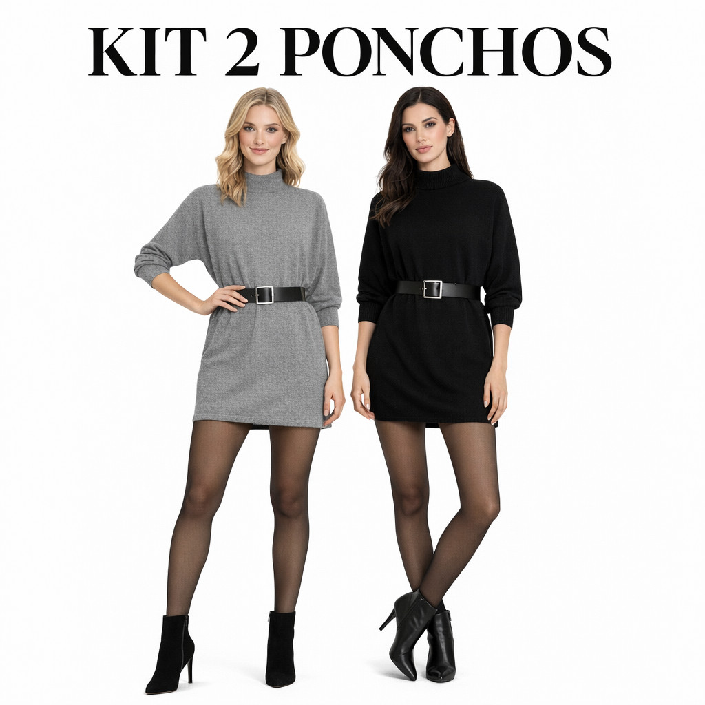 Kit 2 Blusão Feminino Manga Longa Gola Alta Cacharrel Vestido Poncho Lanzinha Inverno