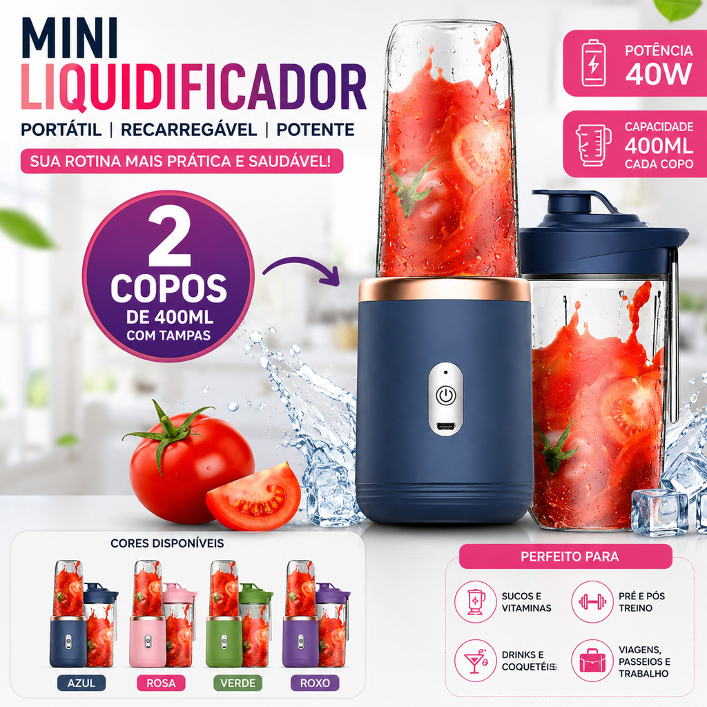 Mini Liquidificador Mixer Portátil C/ 2 Copos Recarregável USB 400ml 6 Lâminas Shake Sucos 40W
