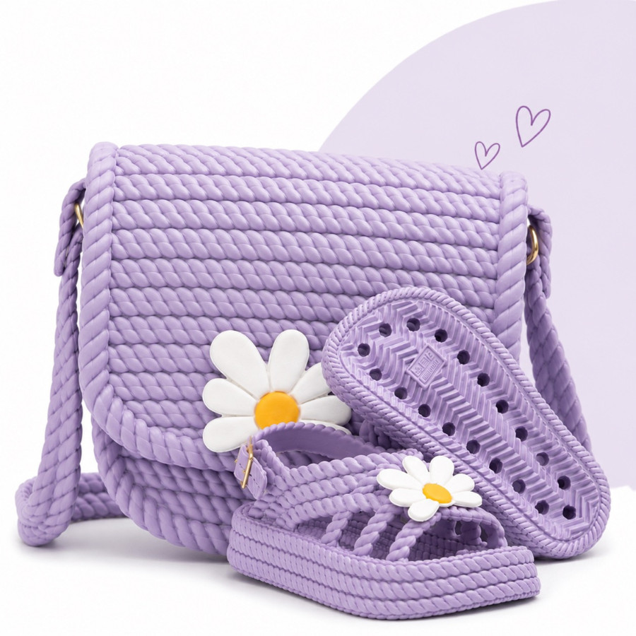 Kit Sandália Infantil com Bolsinha Flor Margarida Menina Confortável Antiderrapante