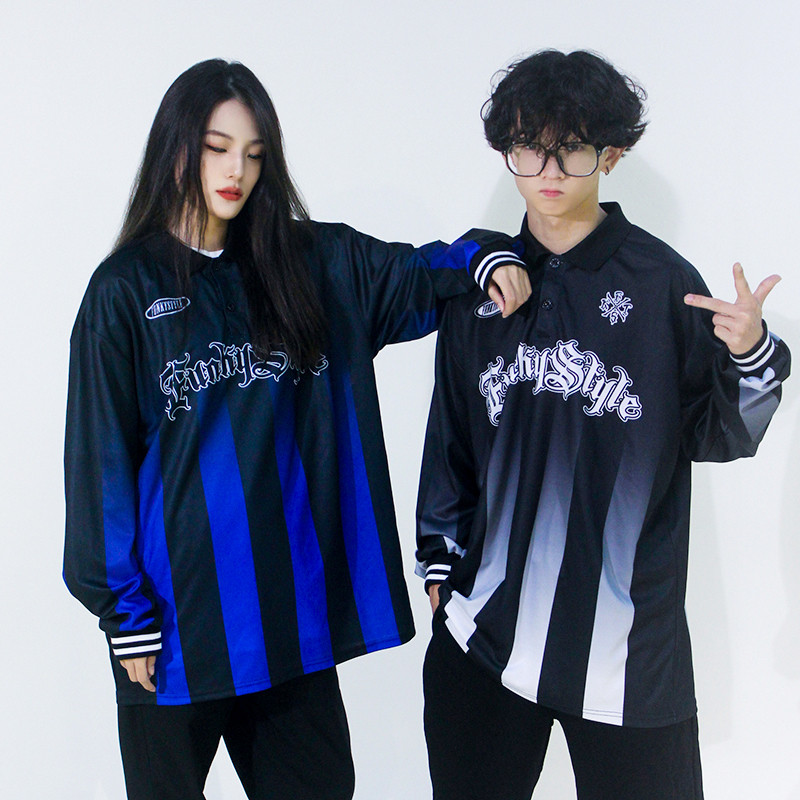 FunkyStyle outono inverno Street Wear Hip-Hop listrado camisa POLO esportes de manga comprida camiseta Casual solto colo