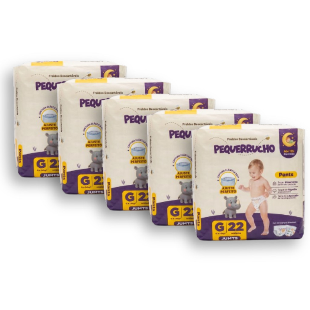 Kit 5 Fralda Descartável Pequerrucho Pants Toque Macio Hipoalergênico - Tamanho G - 110 Unidades