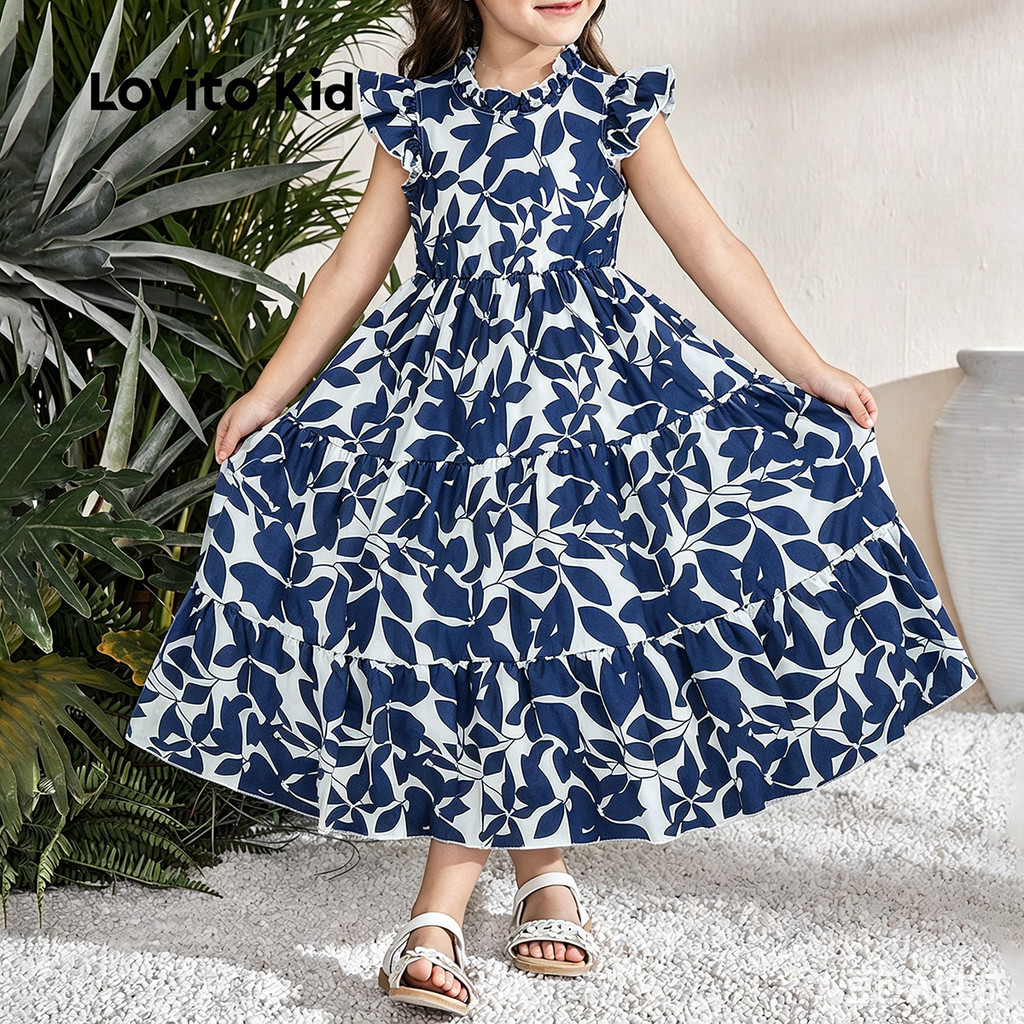 Lovito Kids Férias Vestido Fofo com Babado Primavera/verão Azul Escuro para Meni