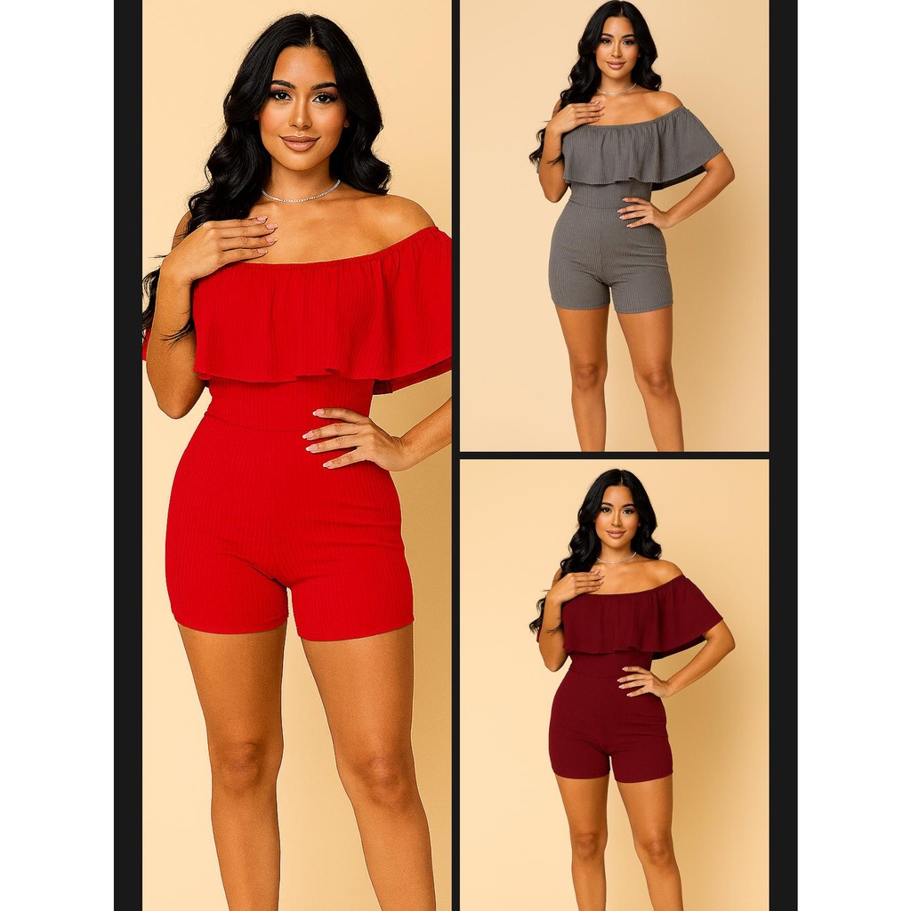 Macaquinho curto canelado babadinho dia dia trabalho basico casual moda verão ombro vazado kit 3 peças promoção