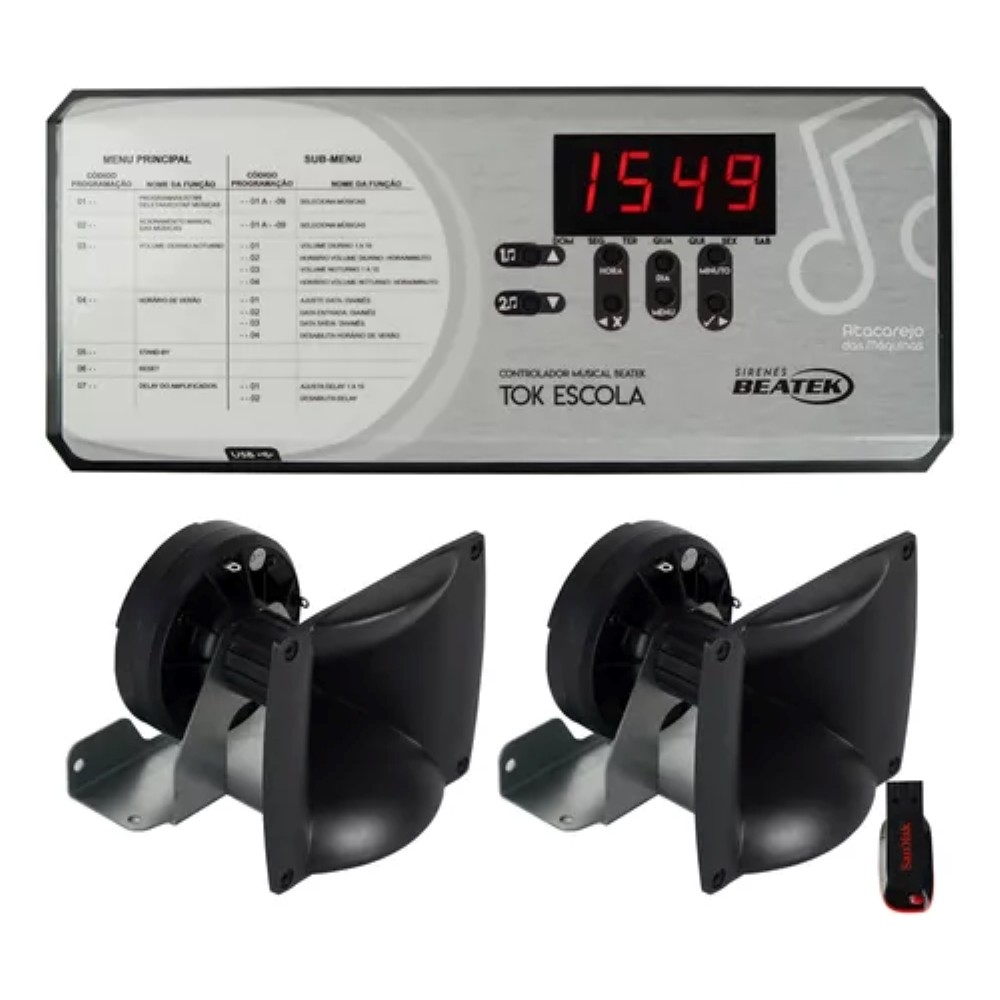 Sirene Musical Escolar 72 Musicas Tok Escola Plus + Cornetas