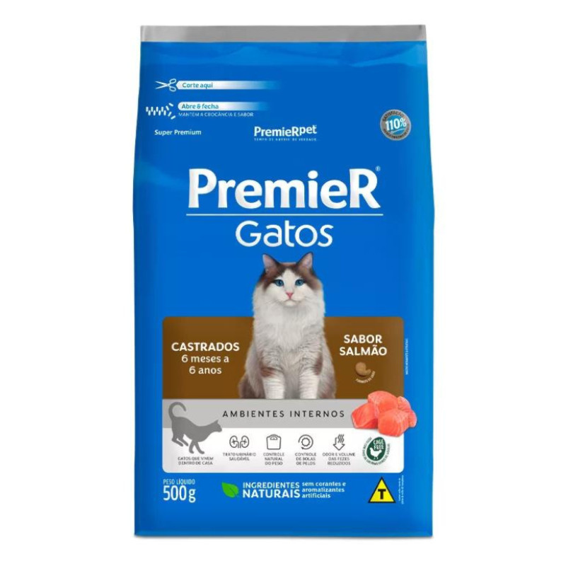 Ração PremieR Ambientes Internos Gatos Castrados Até 6 Anos Salmão 500g em Oferta na Shopee
