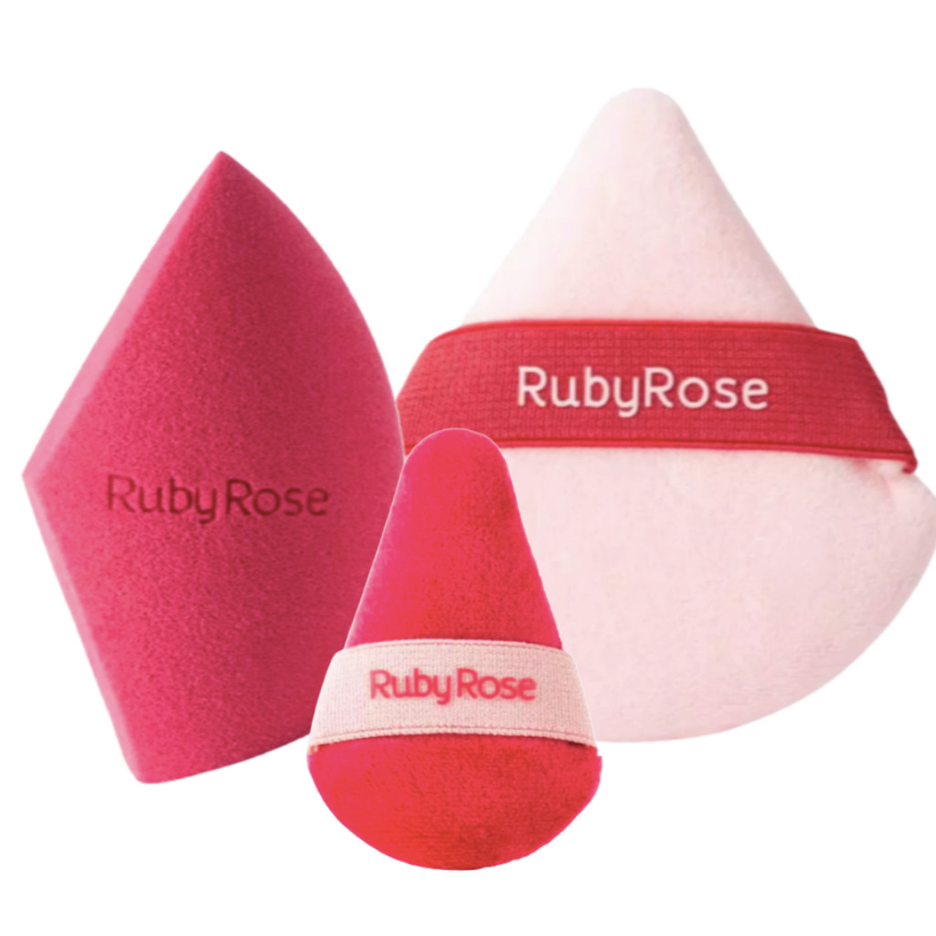Kit Esponjas Linha Rosa Ruby Rose – 3 Esponjas para Base, Corretivo, Pó e Detalhes