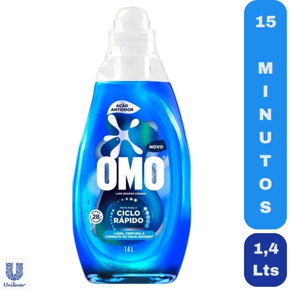 Lava-Roupas Omo Líquido Ciclo Rápido Lava e Perfuma em 15 Minutos Ação Antiodor Frasco 1,4 Lt
