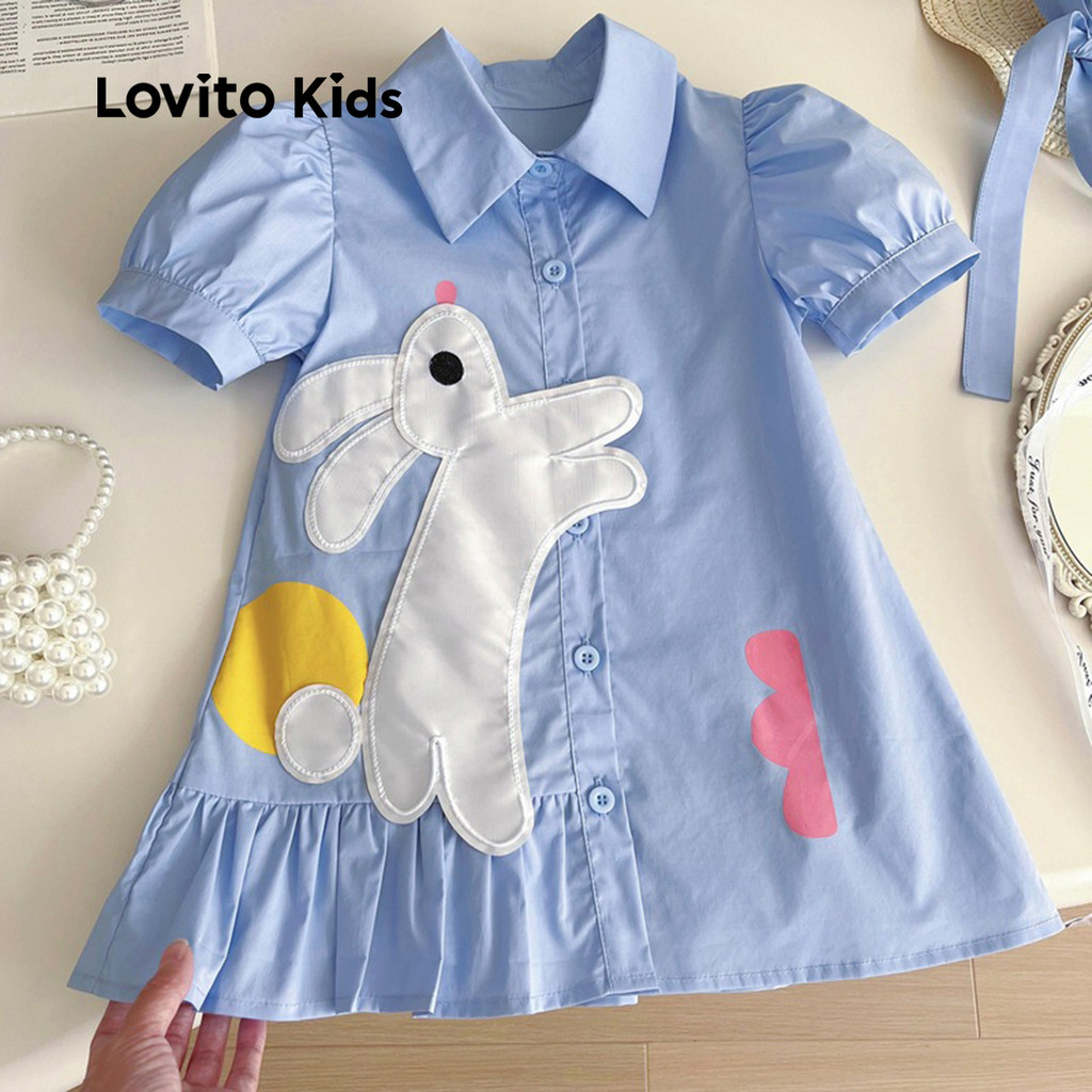 Lovito Kids Vestido Fofo com Botões Na Frente Assimétrico Macio Ao Toque para Todas As Estações azul LNL111214