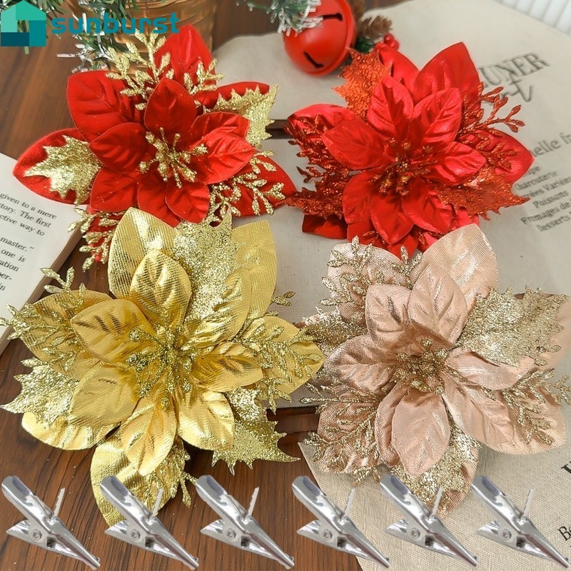4 Conjuntos De Flores De Natal Com Glitter Artificial Clipes-Cabeça De Flor De Poinsétia-Decoração De Guirlanda DIY-Simu