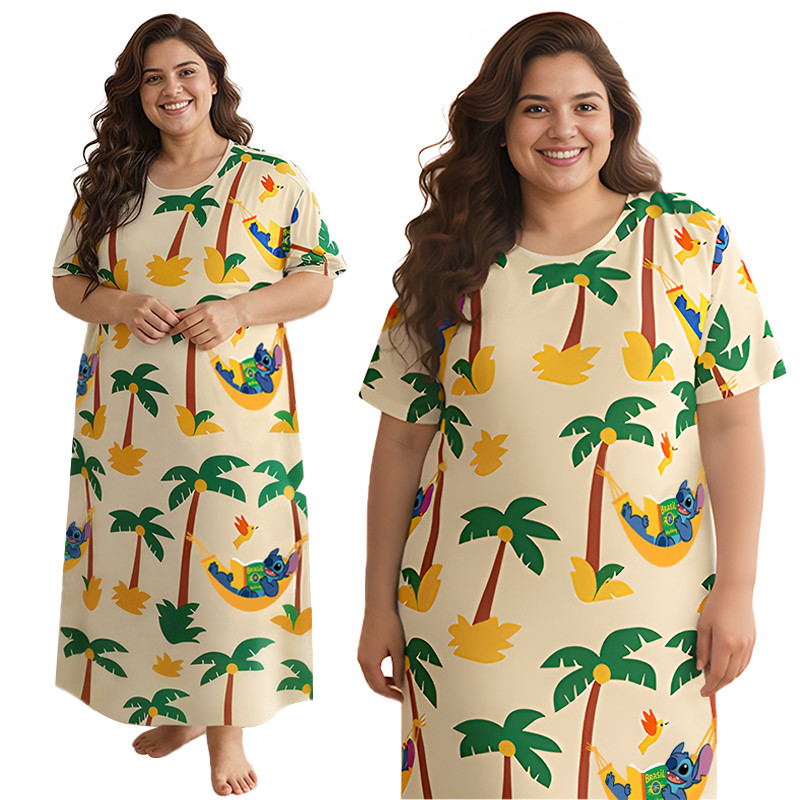 [Vestido Grande] Feminino Com Estampa De Ponto Plus Size Verão Manga Curta Gola Redonda Roupa Casual