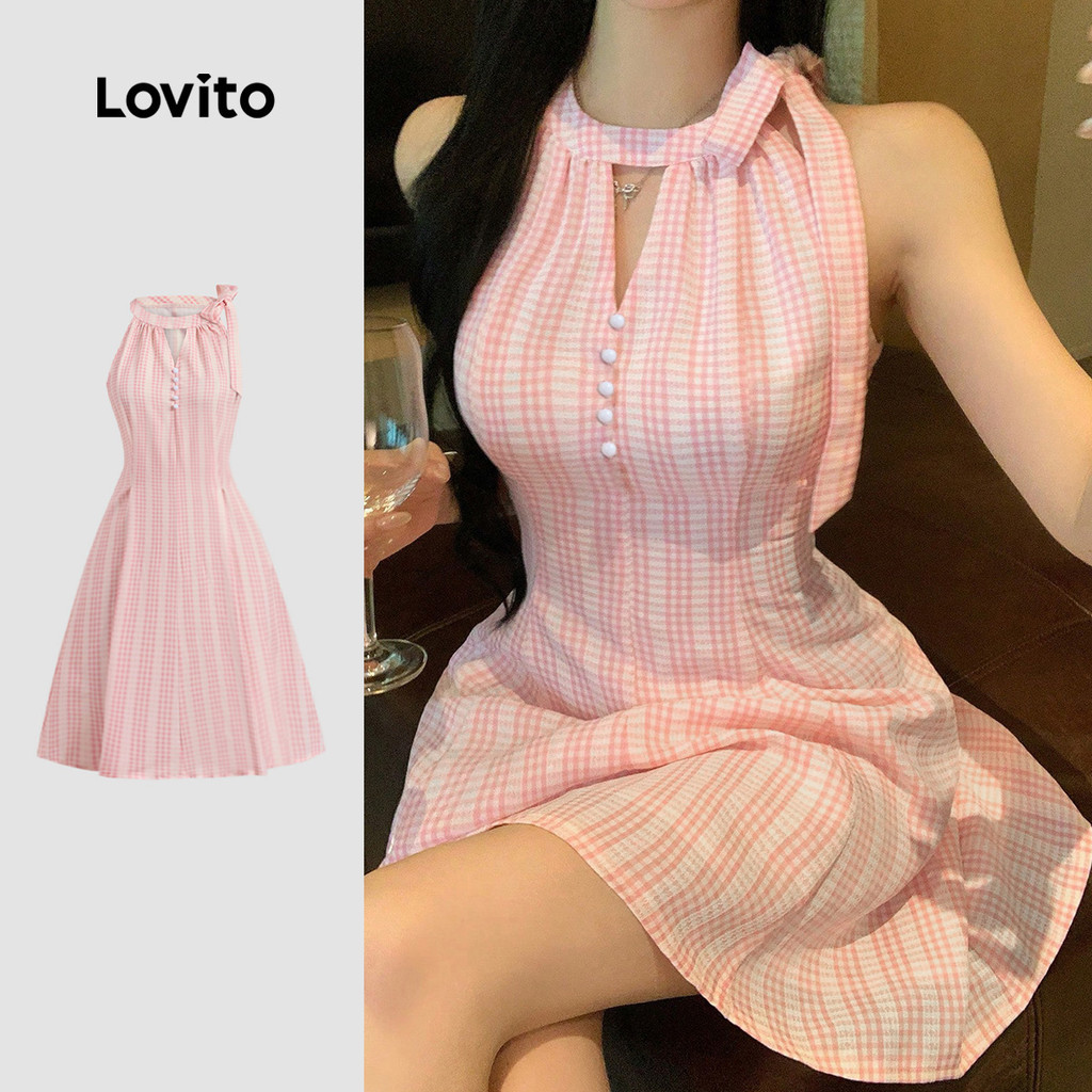 (NEW) Lovito Vestido Glamouroso com Botões e Abotoamento Vazado Primavera/verão Rosa para Mulheres L151AD450