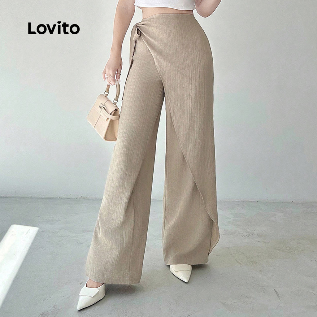 Lovito Calças Casuais Para Todas As Estações Com Cadarço Estilo Primavera/verão Cor Cáqui Para Mulheres L152ED011 em Oferta na Shopee