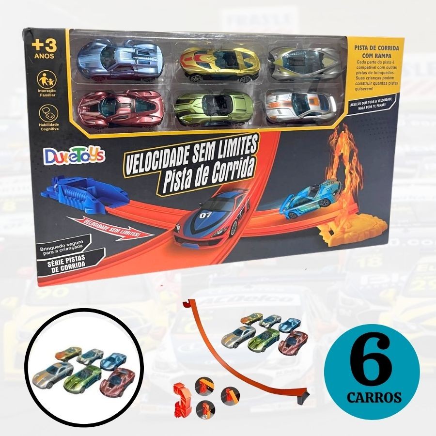 6 Carrinhos Racing Estilo Hotwheels - Dute Toys +  Mega Combo Pista