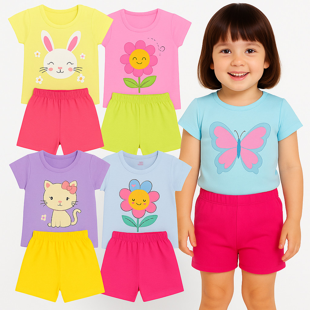 Kit Sortido 4 Peças de Roupas Infantil Menina 2 Camisetas + 2 Bermudas - Kit 2 Conjuntos Infantil Menina Verão Bebê