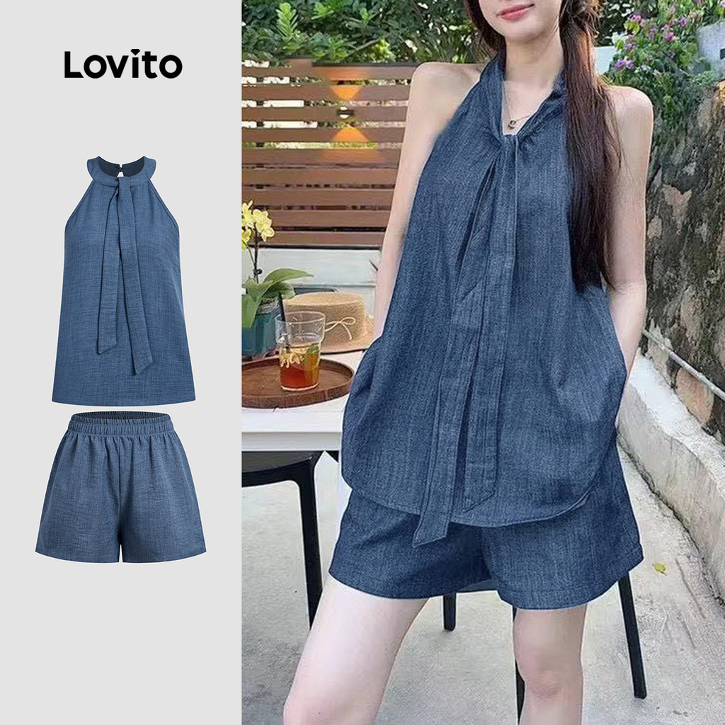 Lovito Conjunto de Bermuda Casual com Cadarço Primavera/verão Conjunto de Calções azul-marinho L142LD230 em Oferta na Shopee