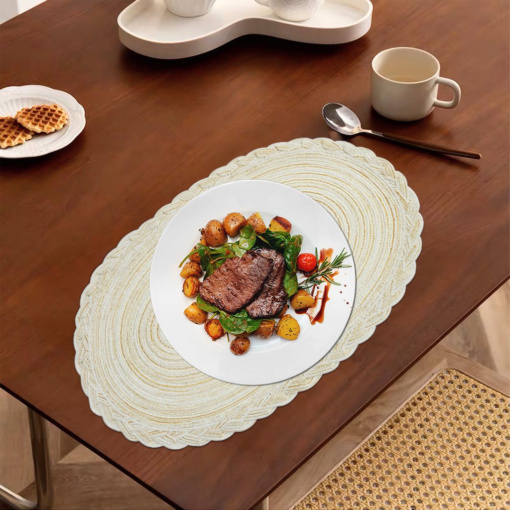 Jogo Americano Kit 4 Peças Mesa Posta Jantar Estilo Europeu Oval Bege Poliéster BB1010