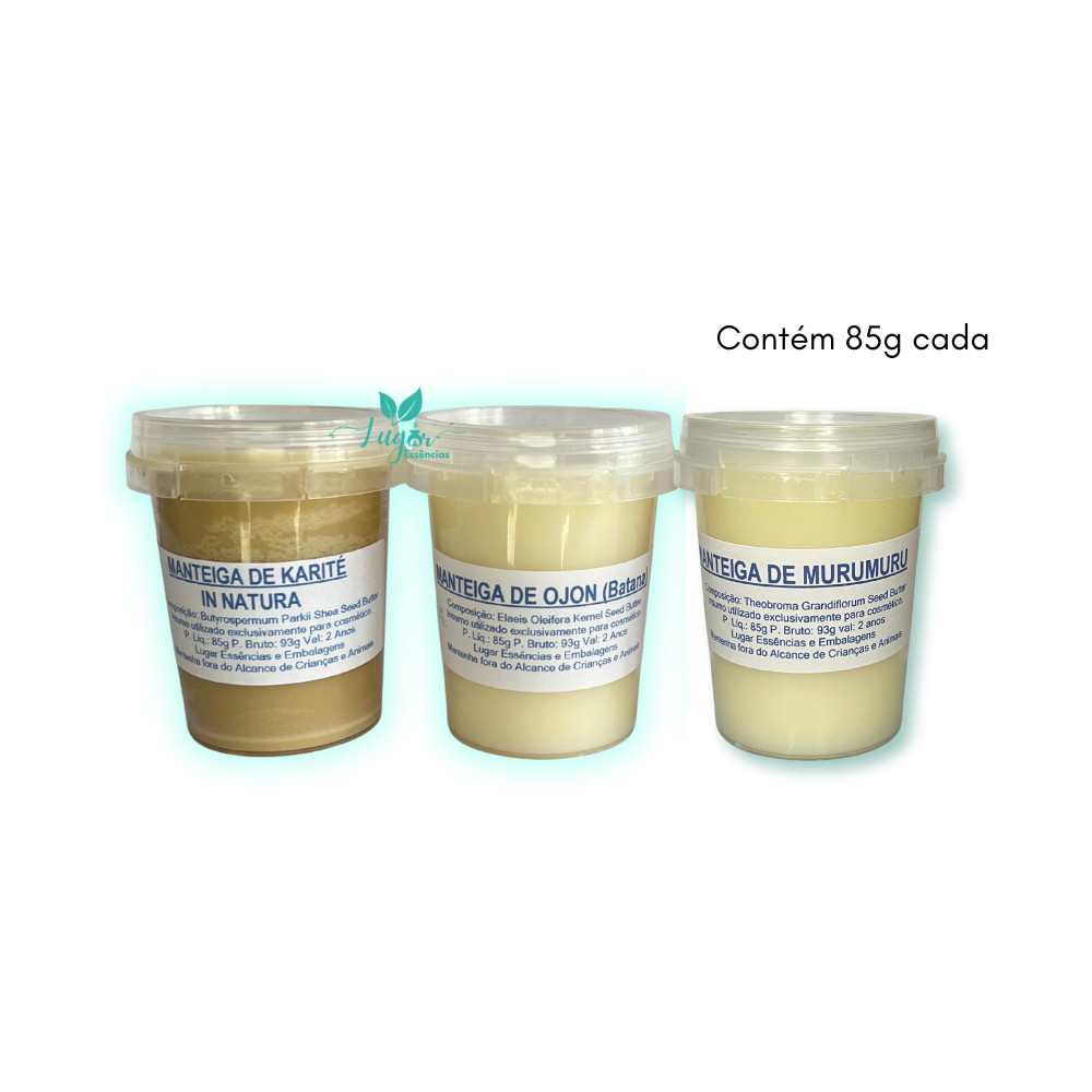 Kit 03 manteigas Vegetais 85g Karité, Murumuru e Ojon - Uso Cosmético