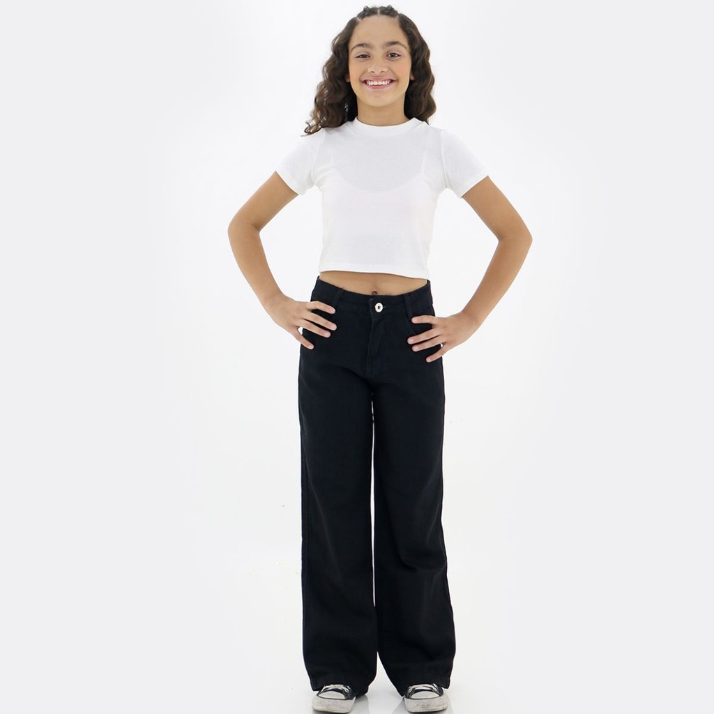 Calça Preta Wide Leg Tecido Pantalona Ajuste Interno Menina Juvenil Criança Larguinha Pano