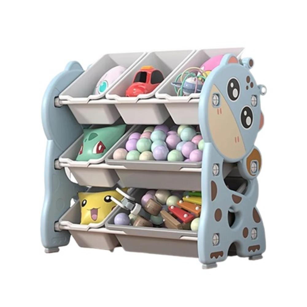 Estante Infantil Organizador 7 Caixas Baú Brinquedos 3 Prateleiras Porta Treco Girafinha Azul Quarto