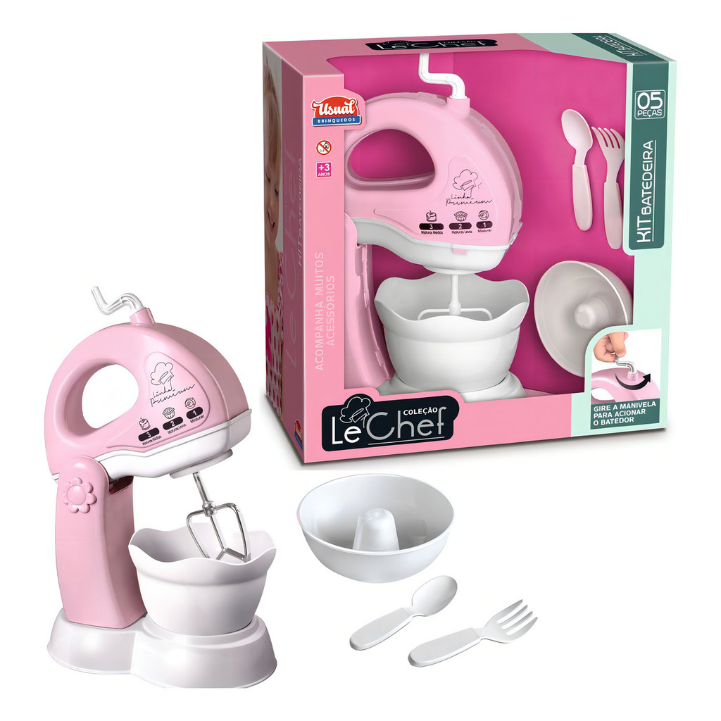 Batedeira Infantil de Brinquedo C/ Manivela Tigela Talheres Kit Cozinha Le Chef Culinária Educativa Crianças Educativo