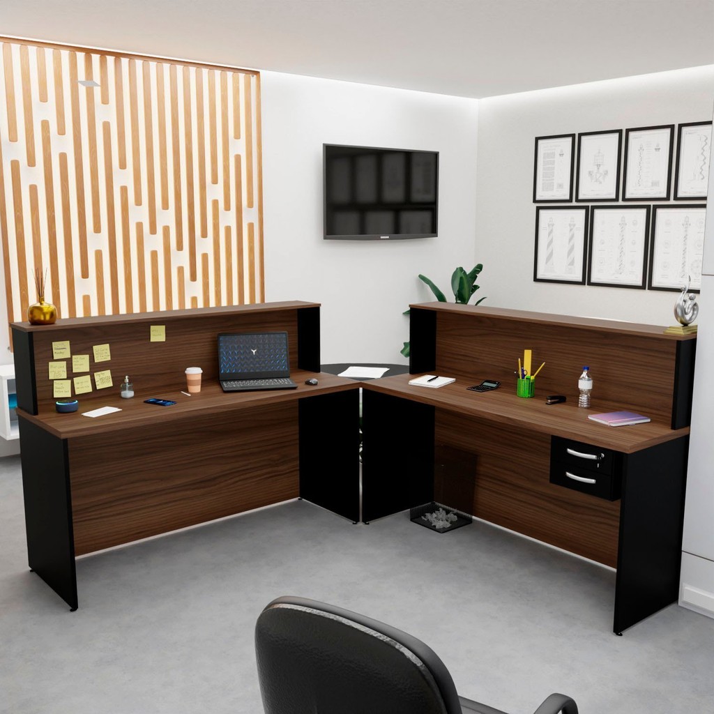 Balcão Atendimento de Canto para Recepção 2 Gavetas Nogal em Oferta na Shopee