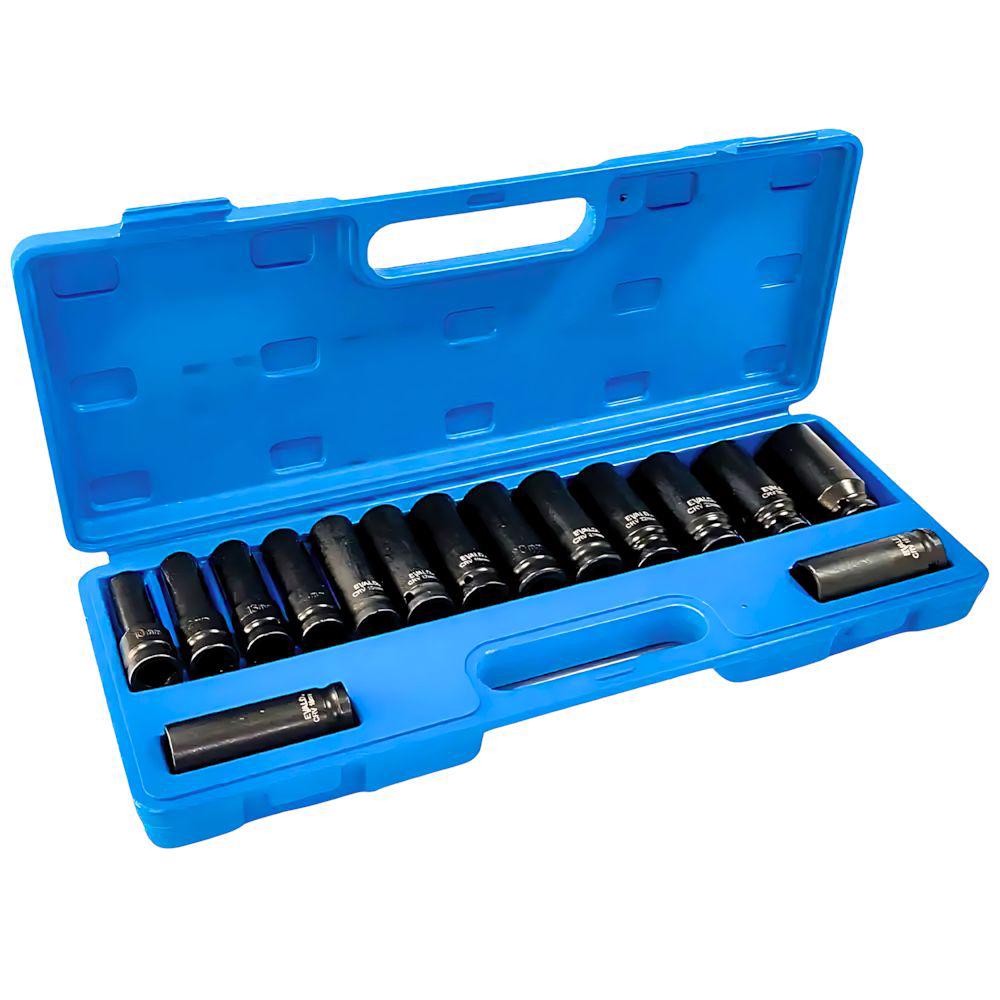Jogo de Soquetes Longos de Impacto 1/2 POL de 10 a 27 MM Kit com 15 Peças EVSLI-15 EVALD em Oferta na Shopee