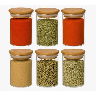 Kit 6 Potes Para Tempero Vidro 250ml Hermético Tampa de Bambu Transparente